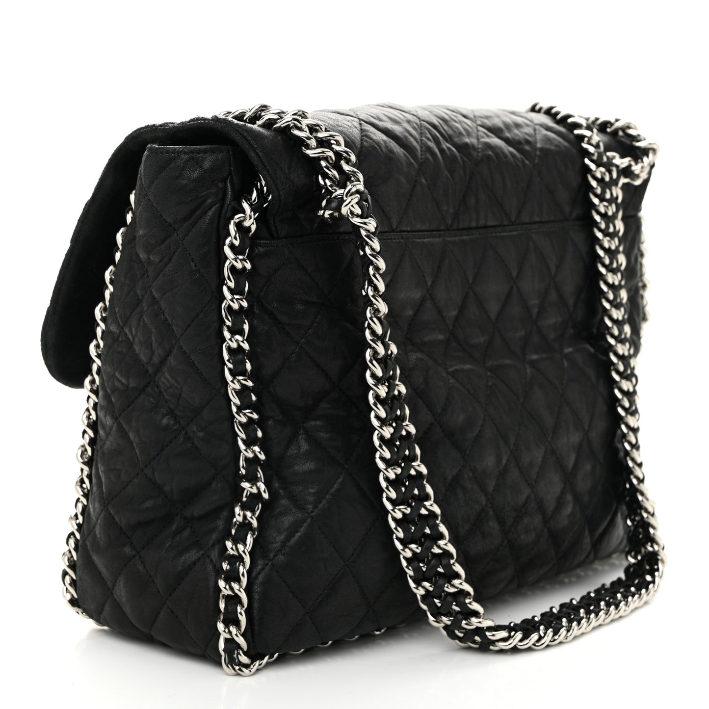 Washed Lambskin Quilted Maxi Chain Around Flap Black