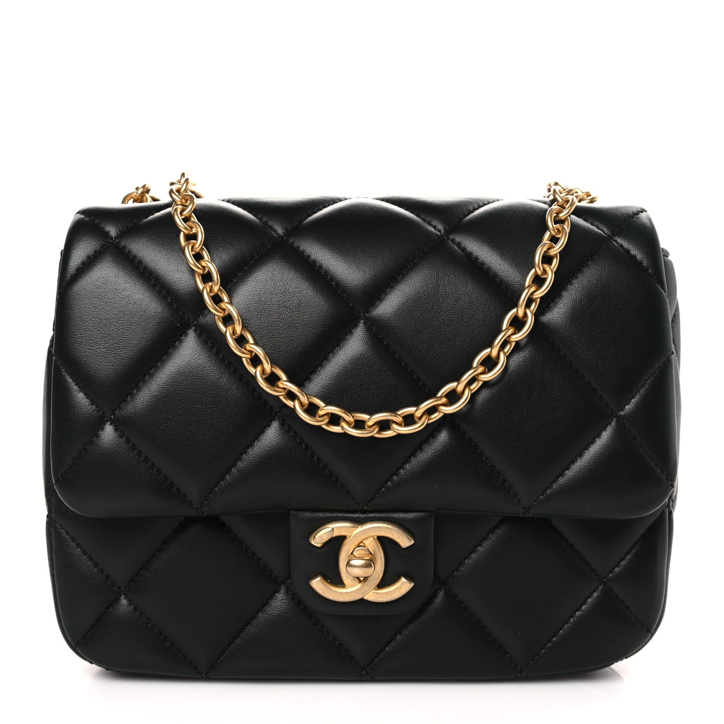 Lambskin Enamel Pearl Quilted Mini Charm Me Square Flap Black