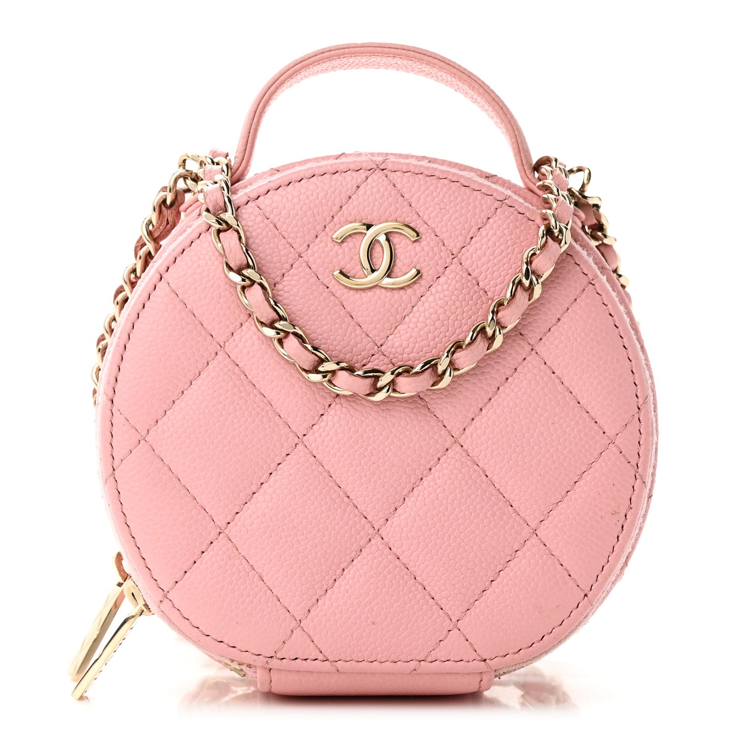 Caviar Quilted Round Handle With Care Vanity With Chain Pink