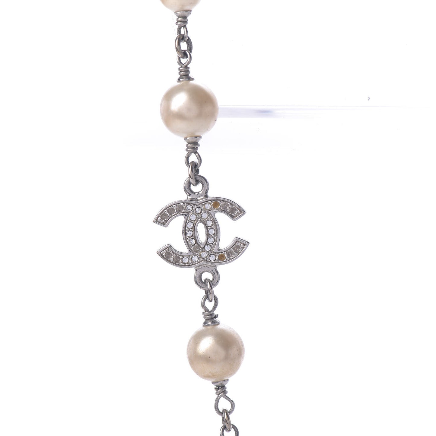 Crystal Pearl CC Long Necklace Silver