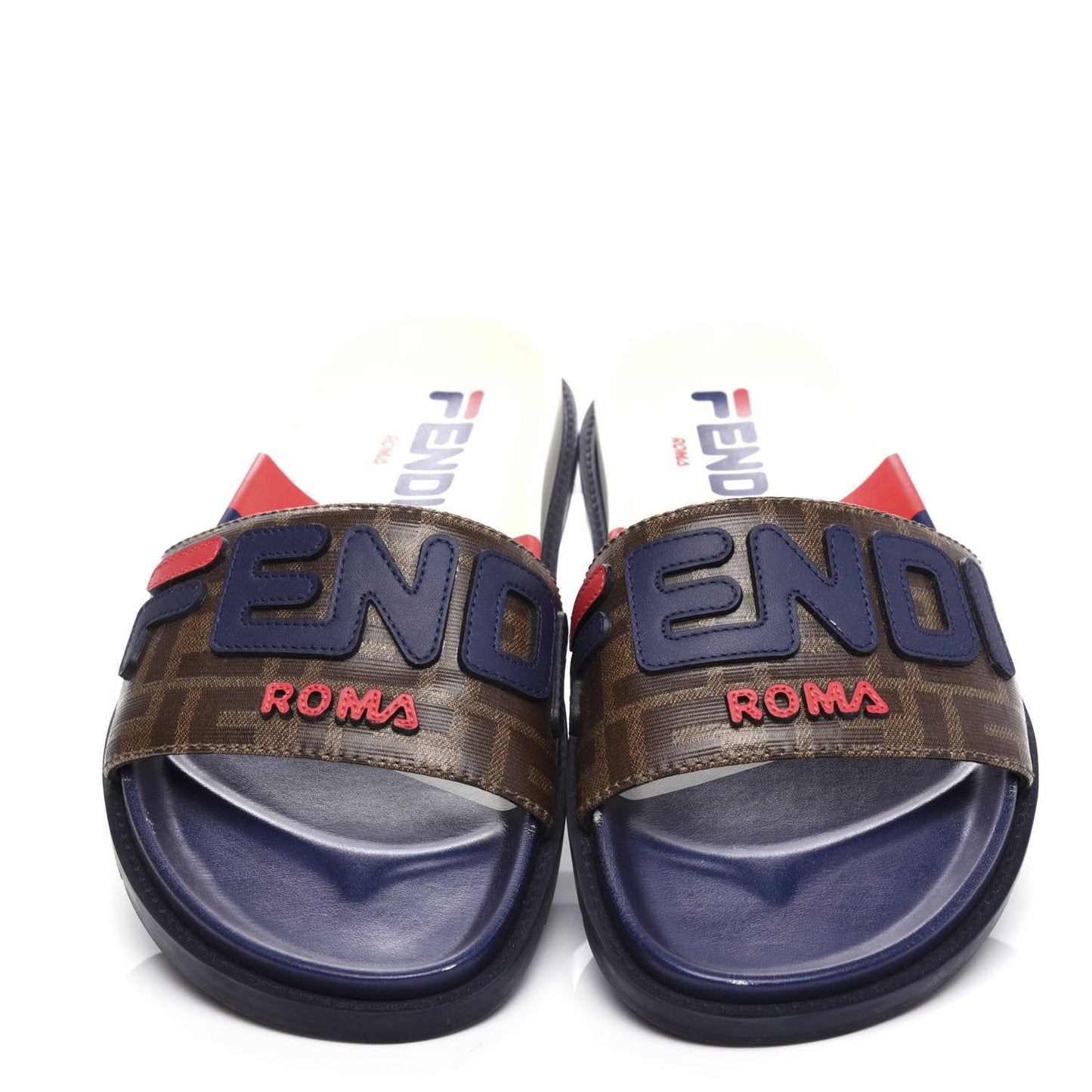 X FILA Glazed Fabric Calfskin FF 1974 Mania Mens Slide Sandals 7 Mogano Panna Blueberry Caipiroska