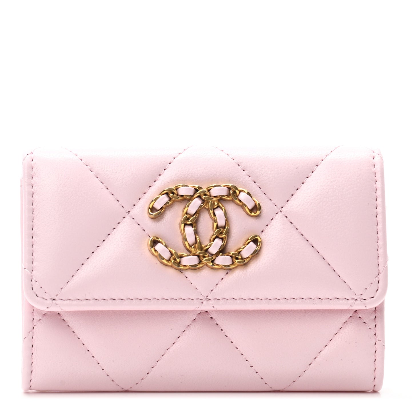 Shiny Goatskin Quilted Chanel 19 Flap Card Holder Light Pink