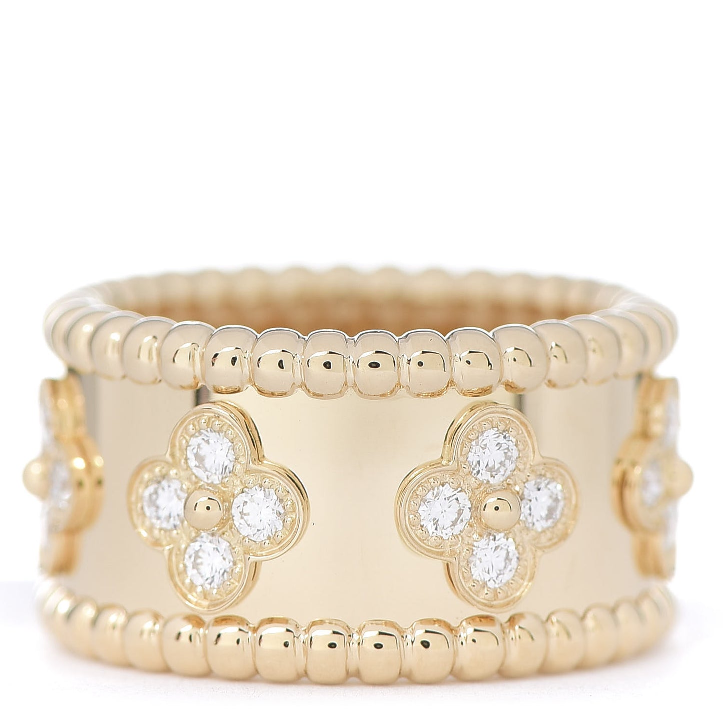 18K Yellow Gold Diamond Perlee Clovers Ring 49 4.75