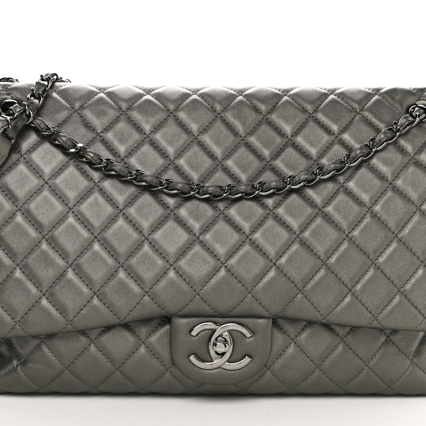 Metallic Calfskin Quilted XXL Travel Flap Bag Dark Silver