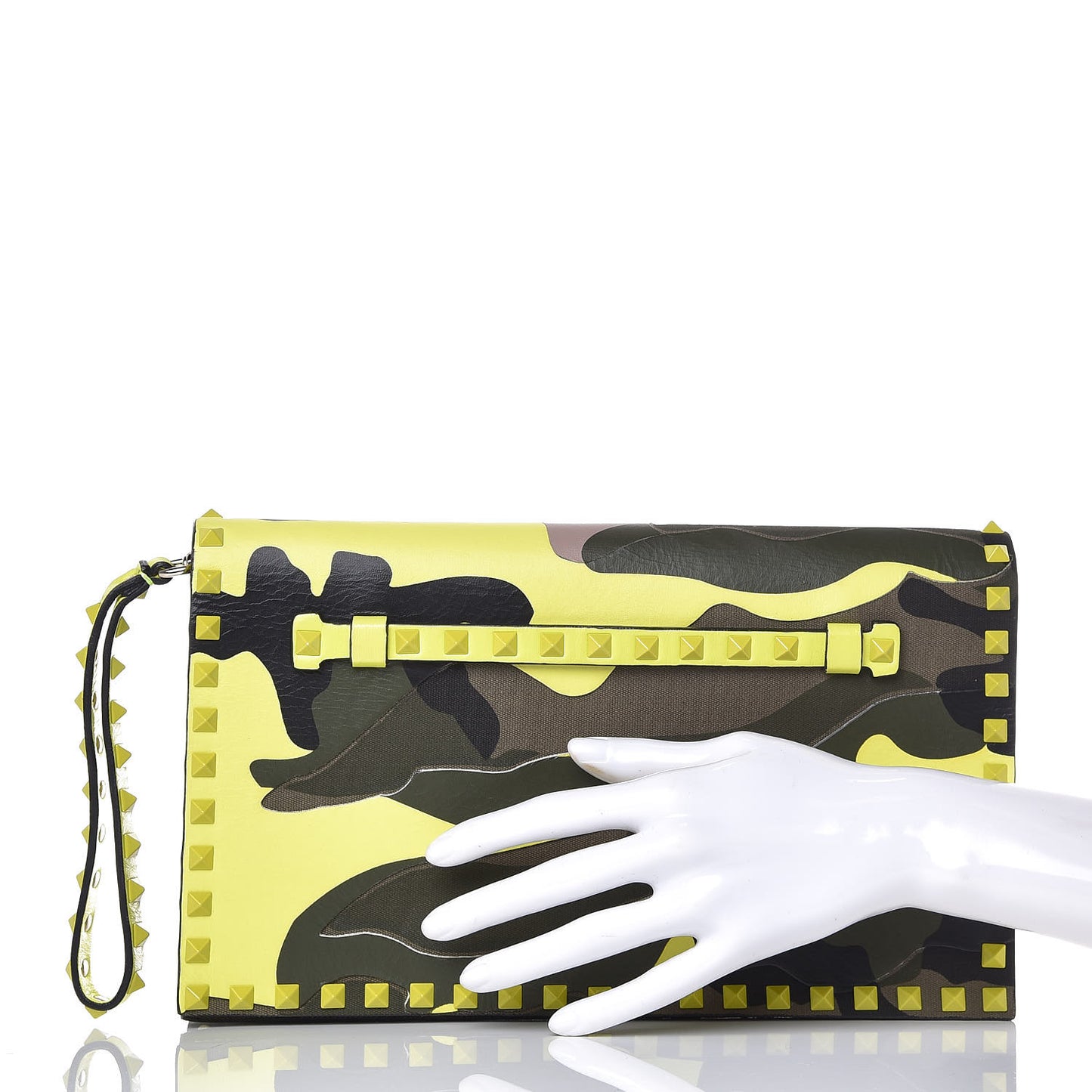 Nappa Canvas Camouflage Rockstud Wristlet Clutch Yellow Fluo Green