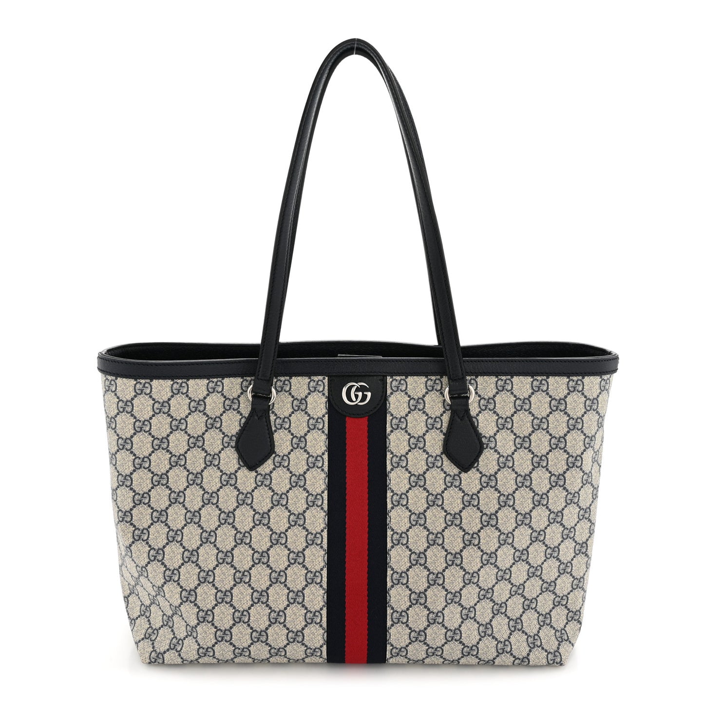GG Supreme Monogram Textured Calfskin Web Medium Ophidia Shopping Tote Beige Blue