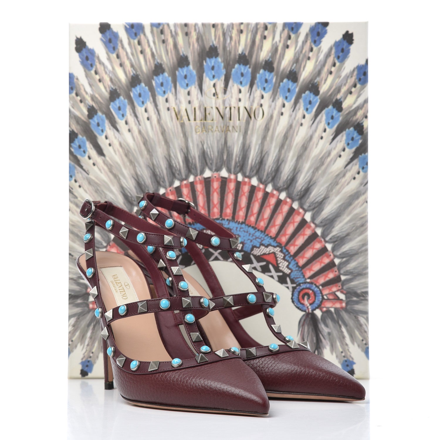 Valentino Garavani Pebbled Calfskin Turquoise Rockstud Rolling Ankle Strap 100mm Pumps 38 Rubin 20 of 20