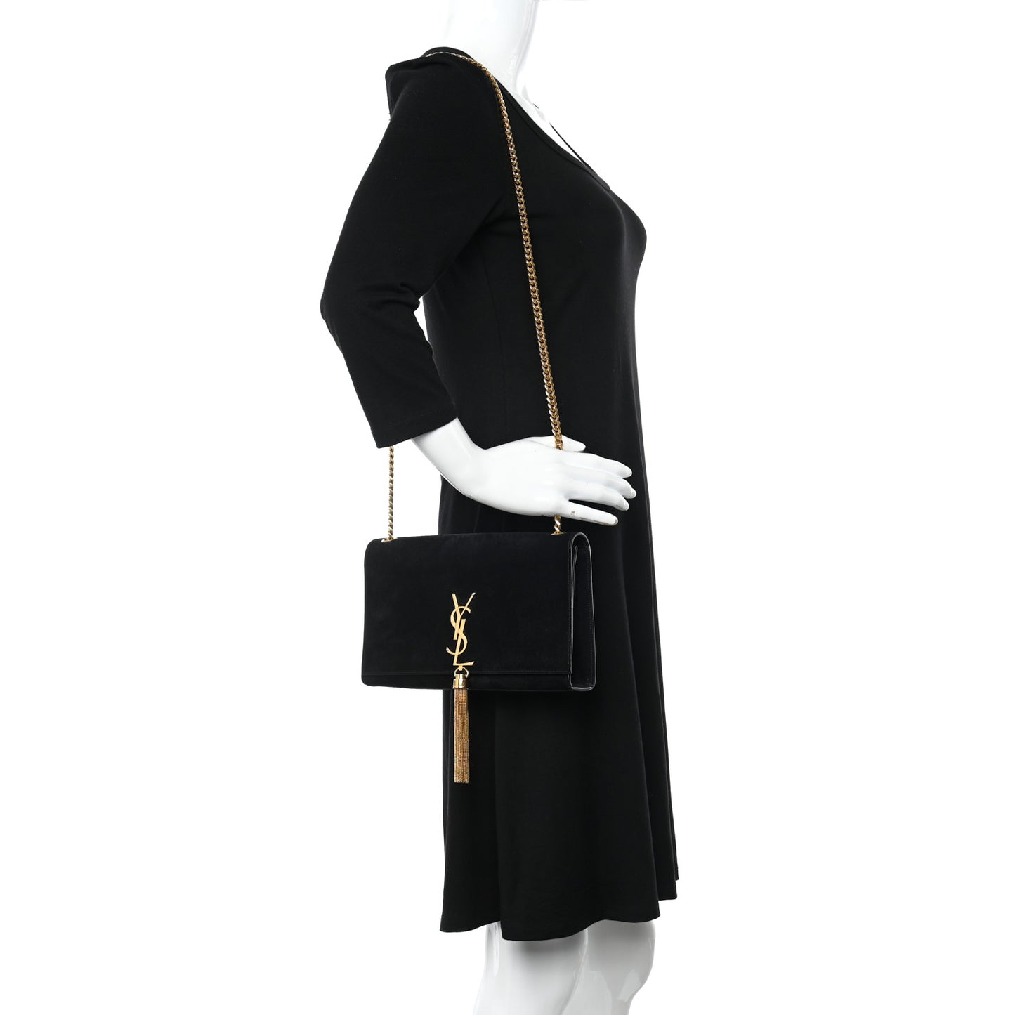 Suede Medium Classic Monogram Kate Tassel Satchel Black