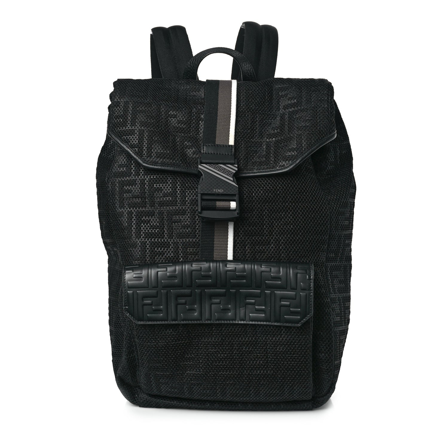 Mesh Cuoio Romano Vitello Stampa FF 1974 Embossed Logo Plate Backpack Black