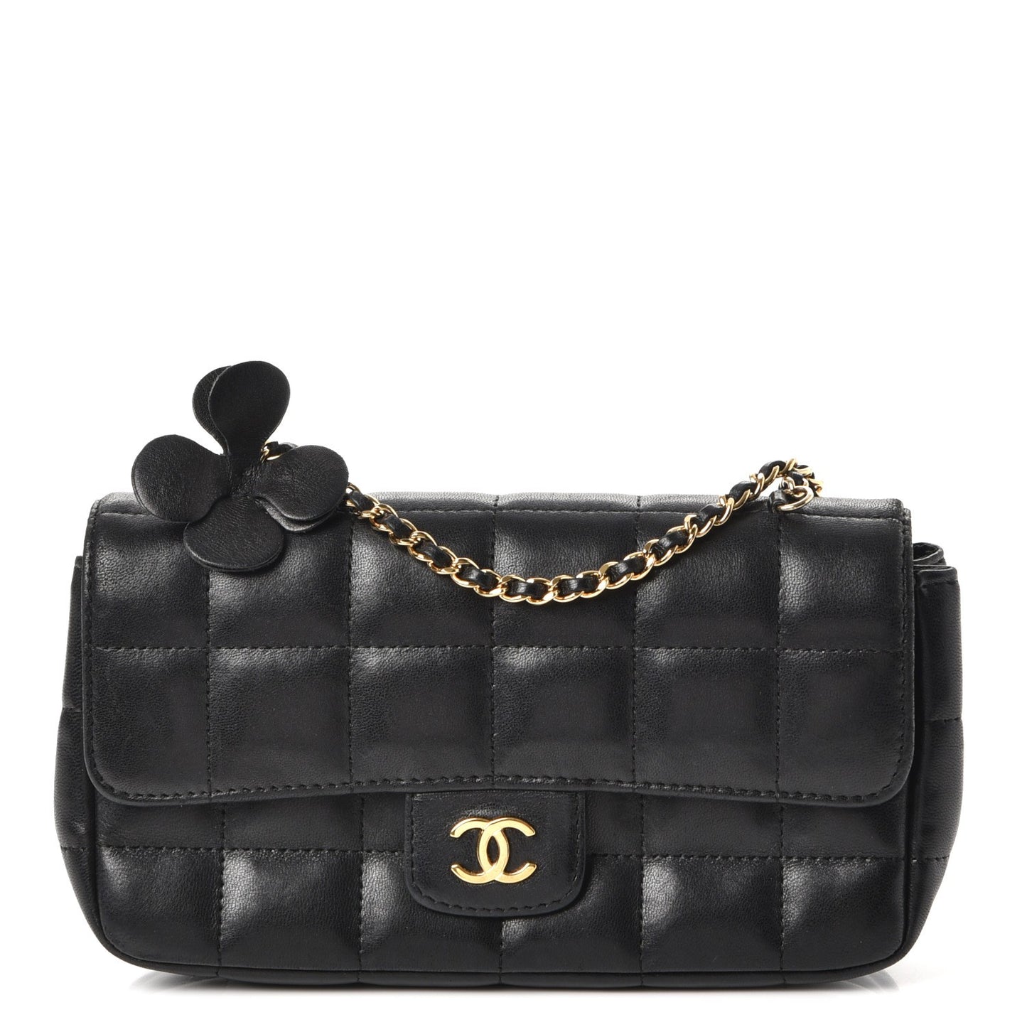 Lambskin Quilted Mini Chocolate Bar Camellia Flap Black