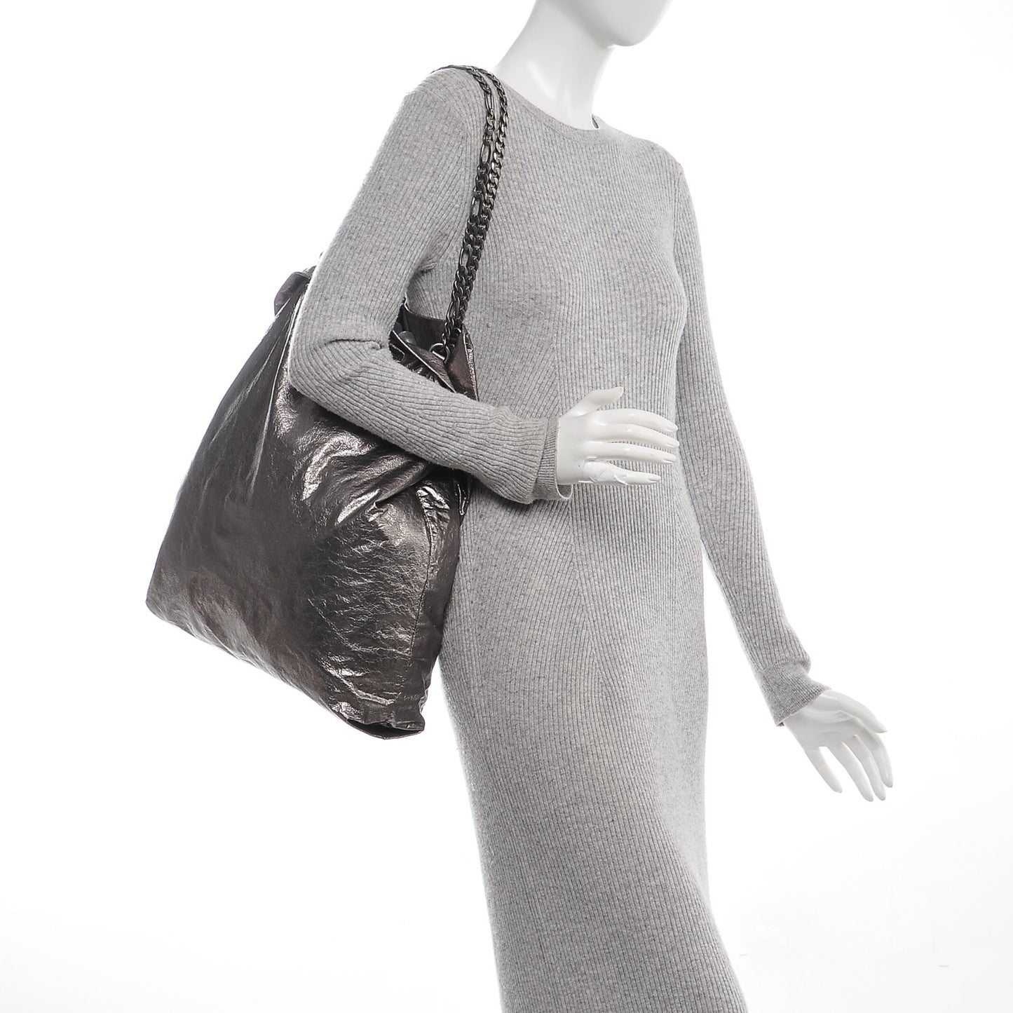 Metallic Crinkled Lambskin Paper Bag Tote Grey