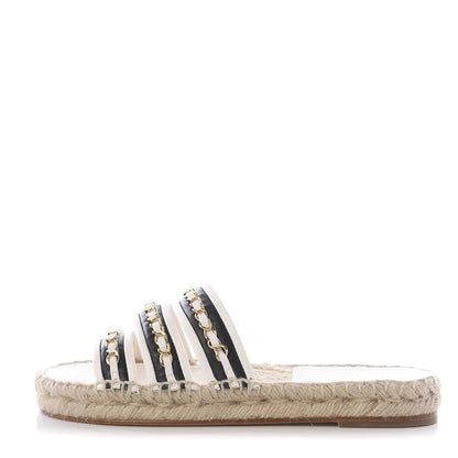 Chanel Lambskin Chain Espadrille Slip On Sandals 36 Black White 1 of 11