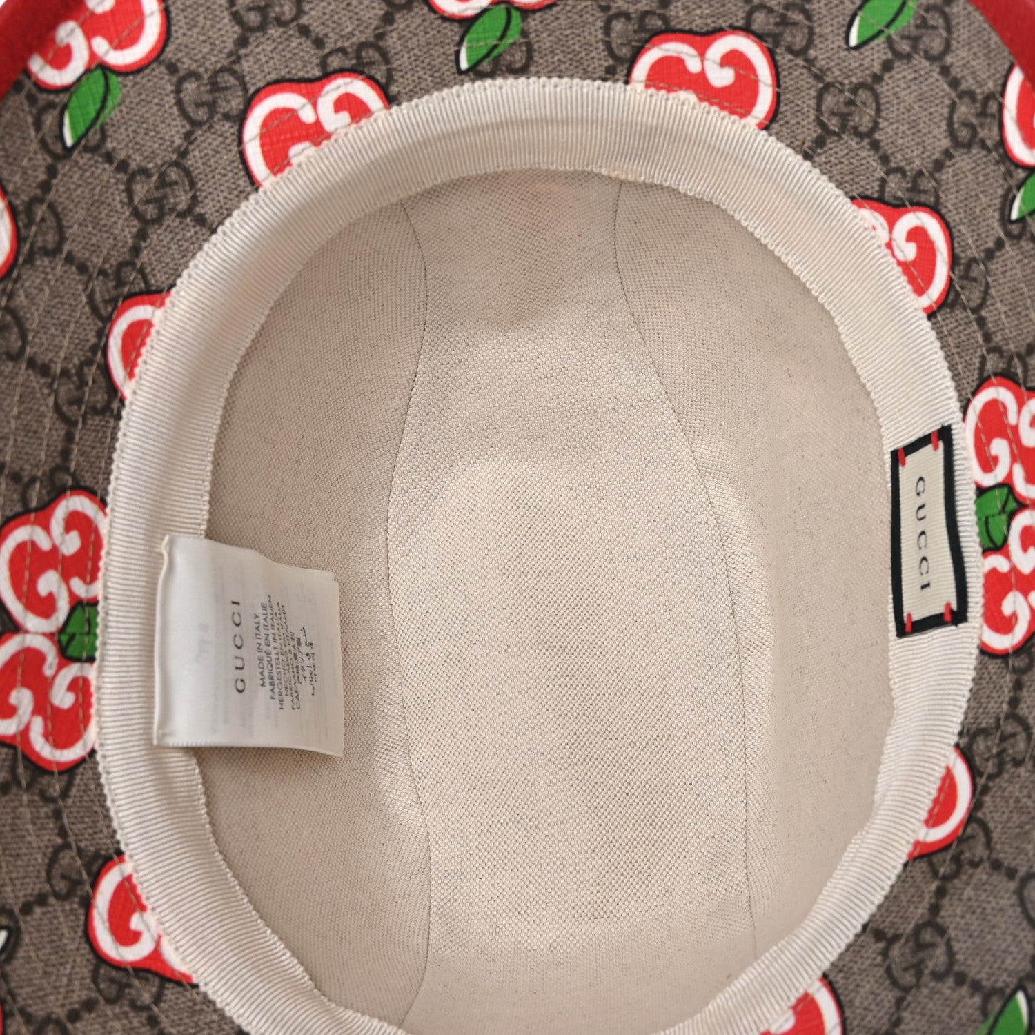 Gucci GG Supreme Monogram Apple Textured Dollar Calfskin Retro Interlocking G Fedora Pomme Bucket Hat L Beige Ebony Red 6 of 8