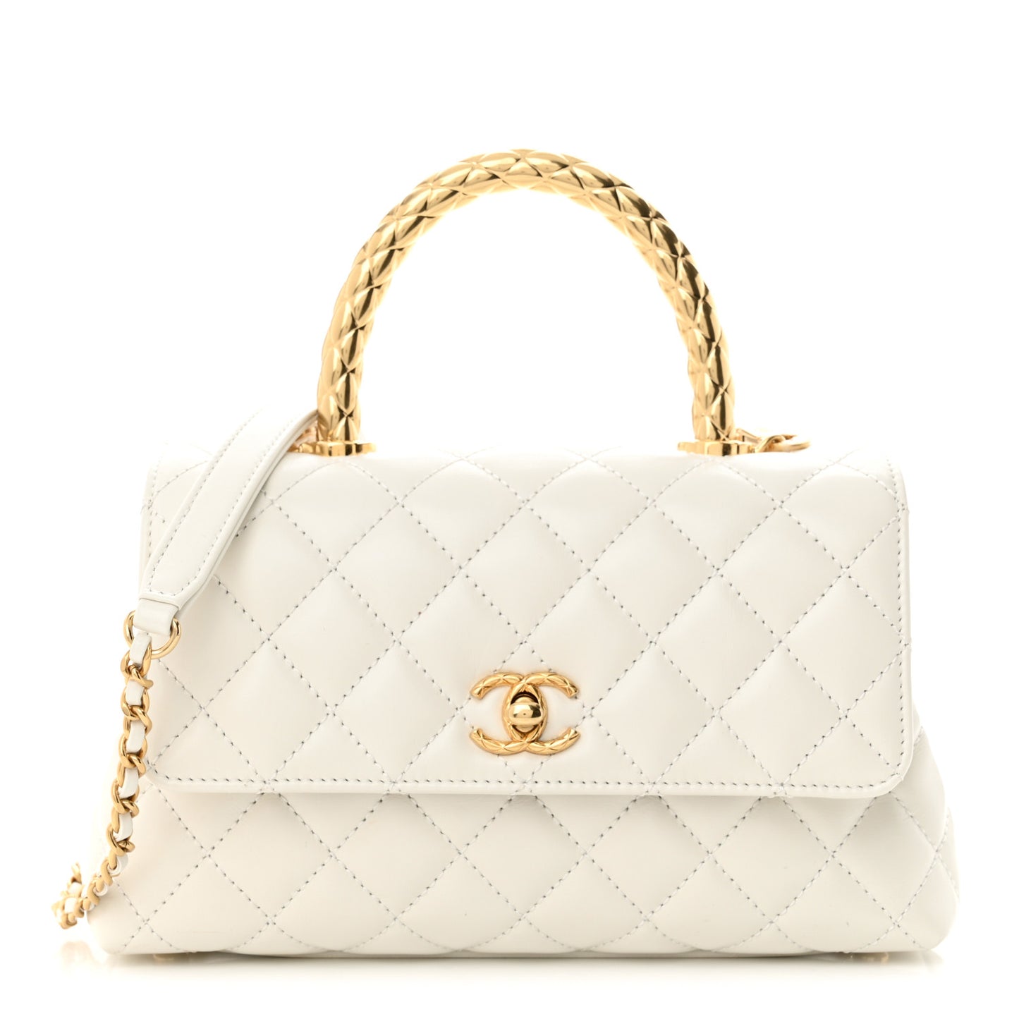 Shiny Calfskin Quilted Mini Coco Chain Gold Handle Flap White