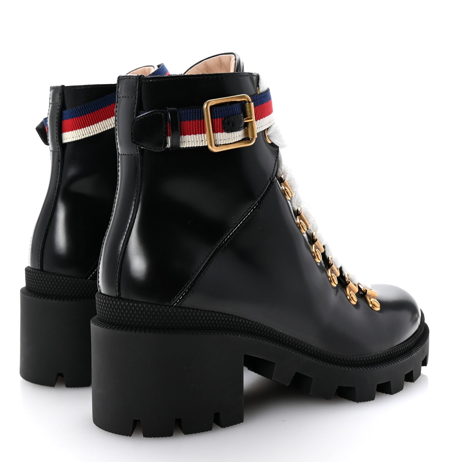 Gucci Calfskin Sylvie Web Lace Up Combat Boots 35 Black 5 of 10