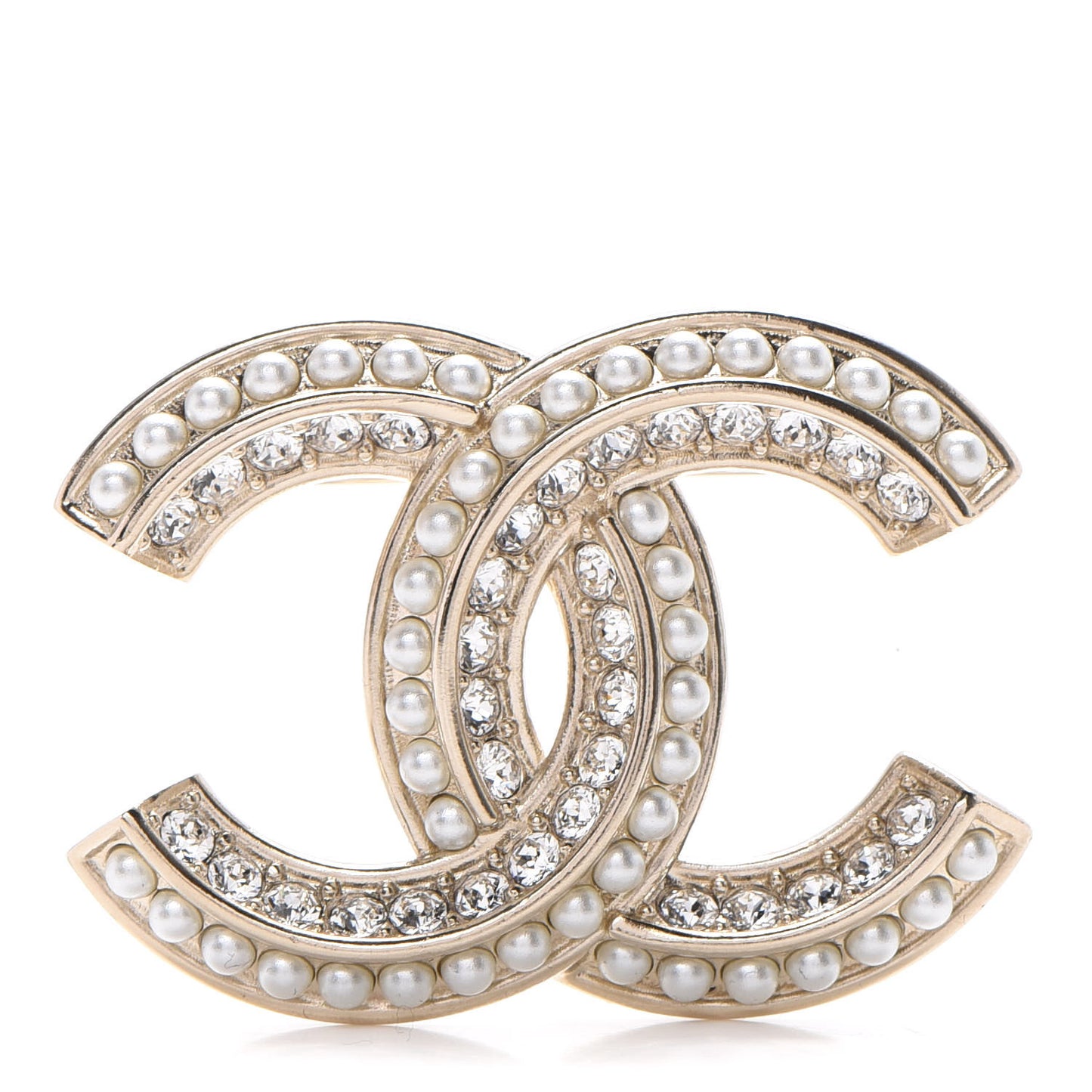 Crystal Pearl Chain Mania CC Brooch Gold