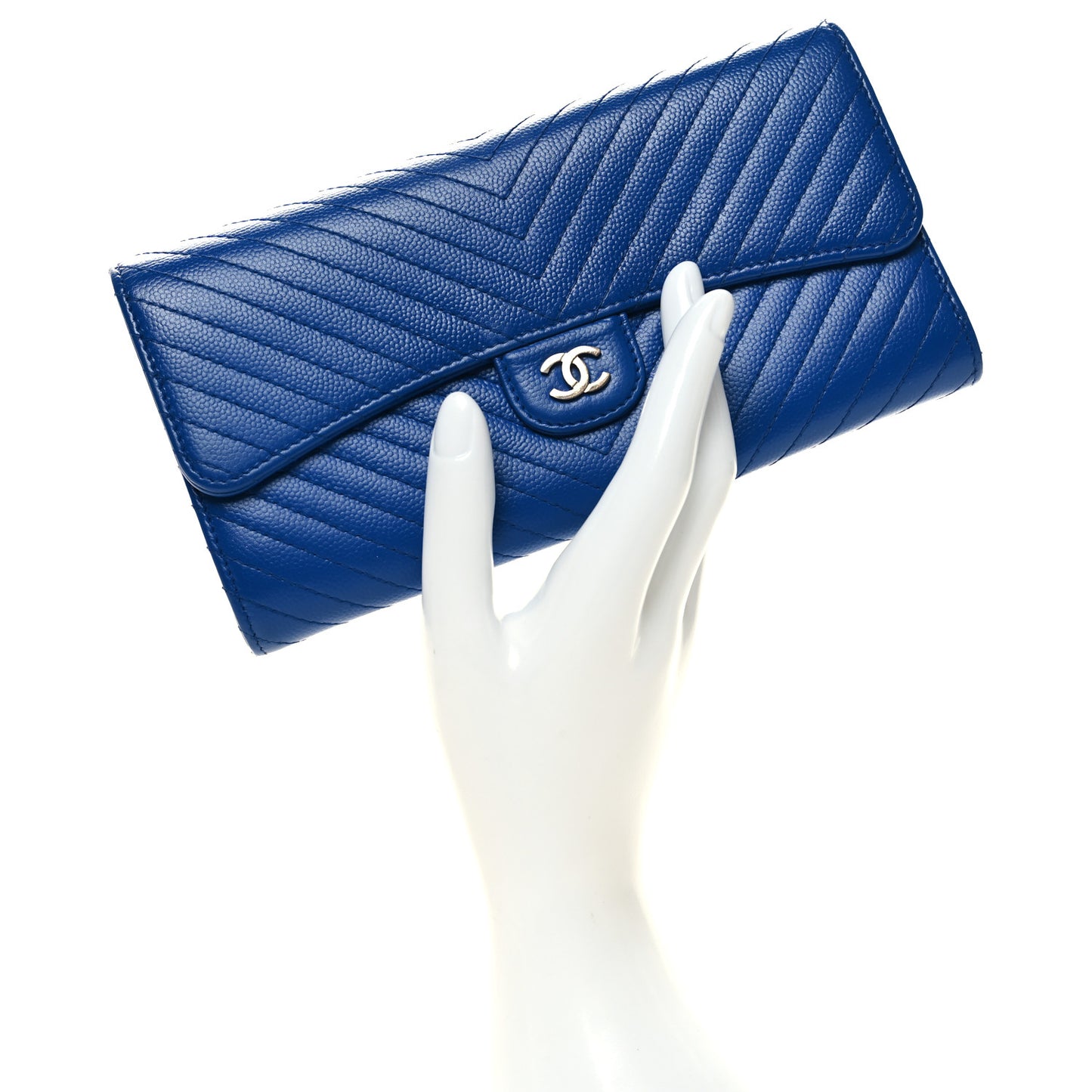 Caviar Chevron Quilted Large Flap Wallet Blue
