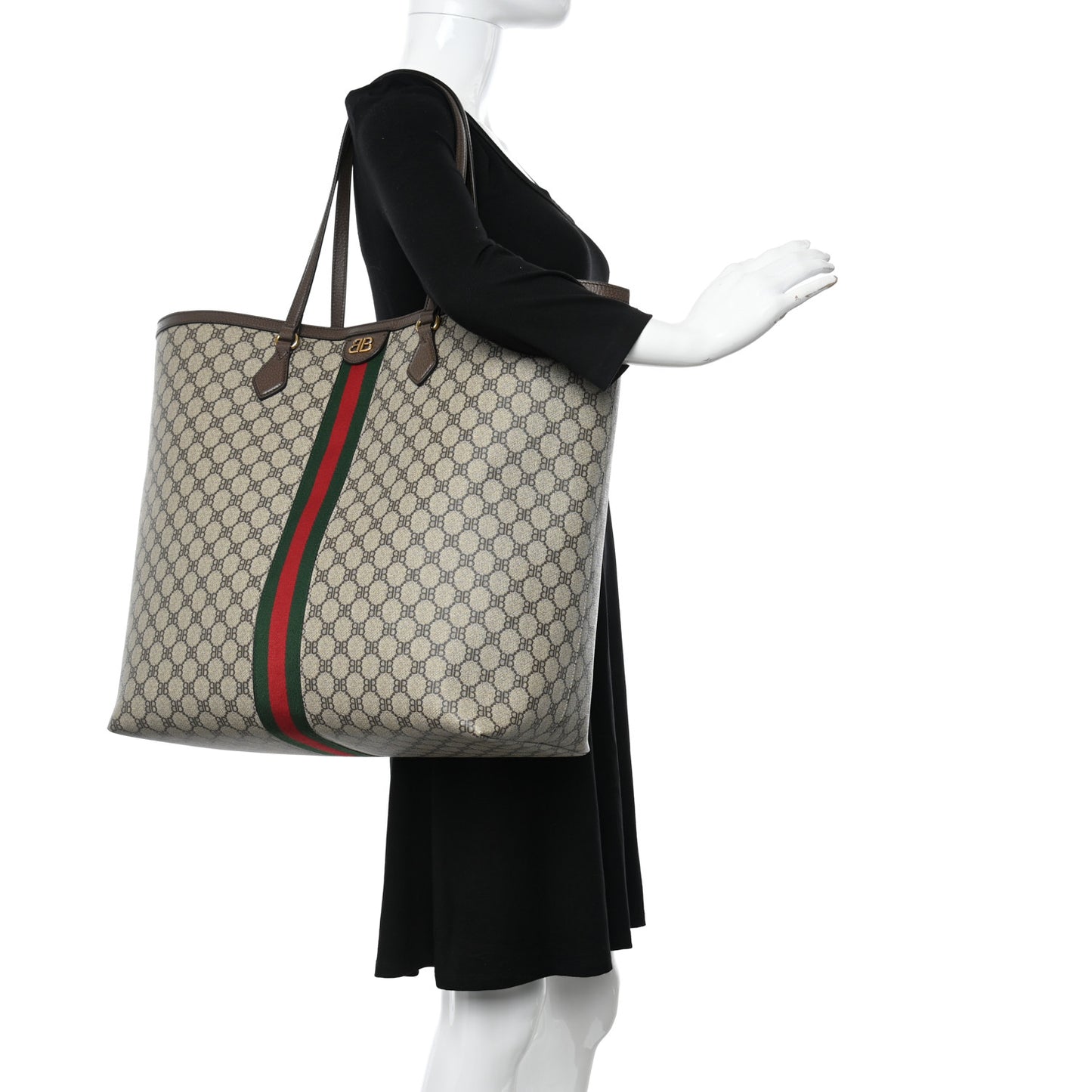 X BALENCIAGA BB Supreme Monogram Web Large Ophidia Shopping Tote Beige New Acero