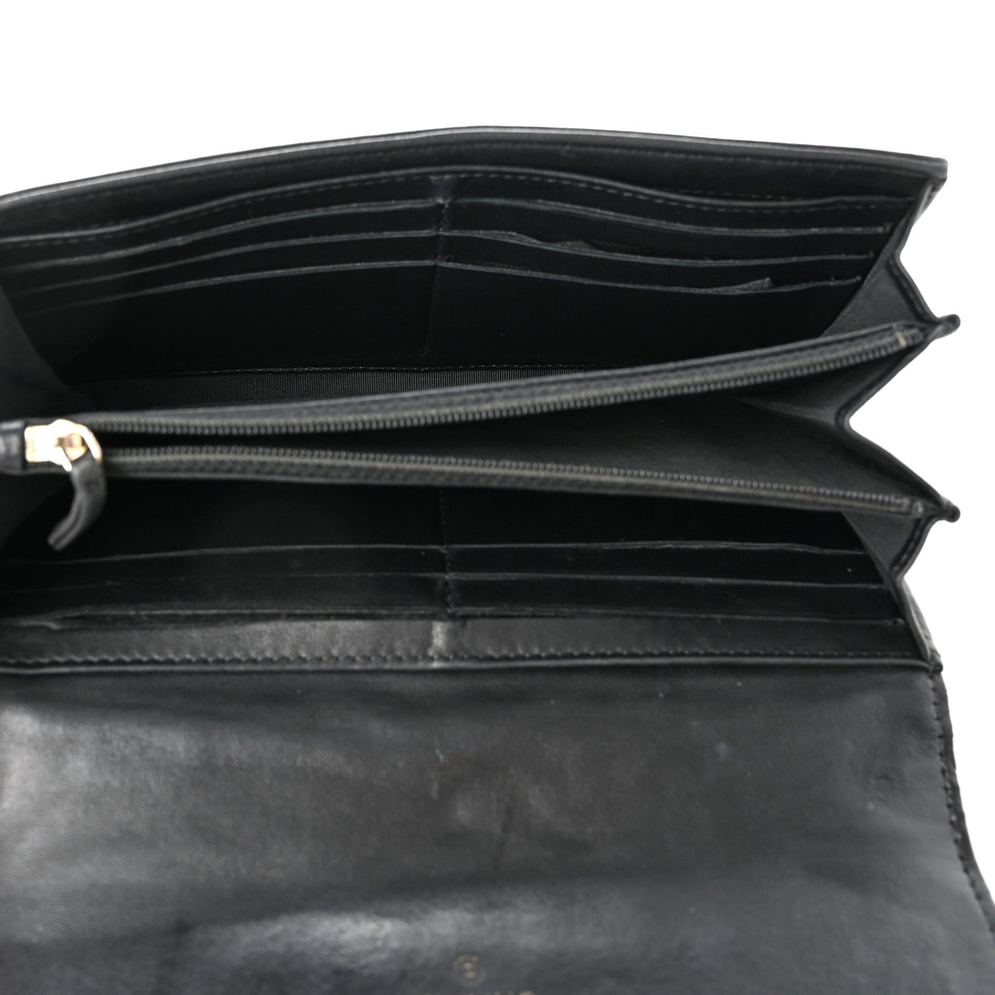 Lambskin Camellia Embossed Large Gusset Flap Wallet Black