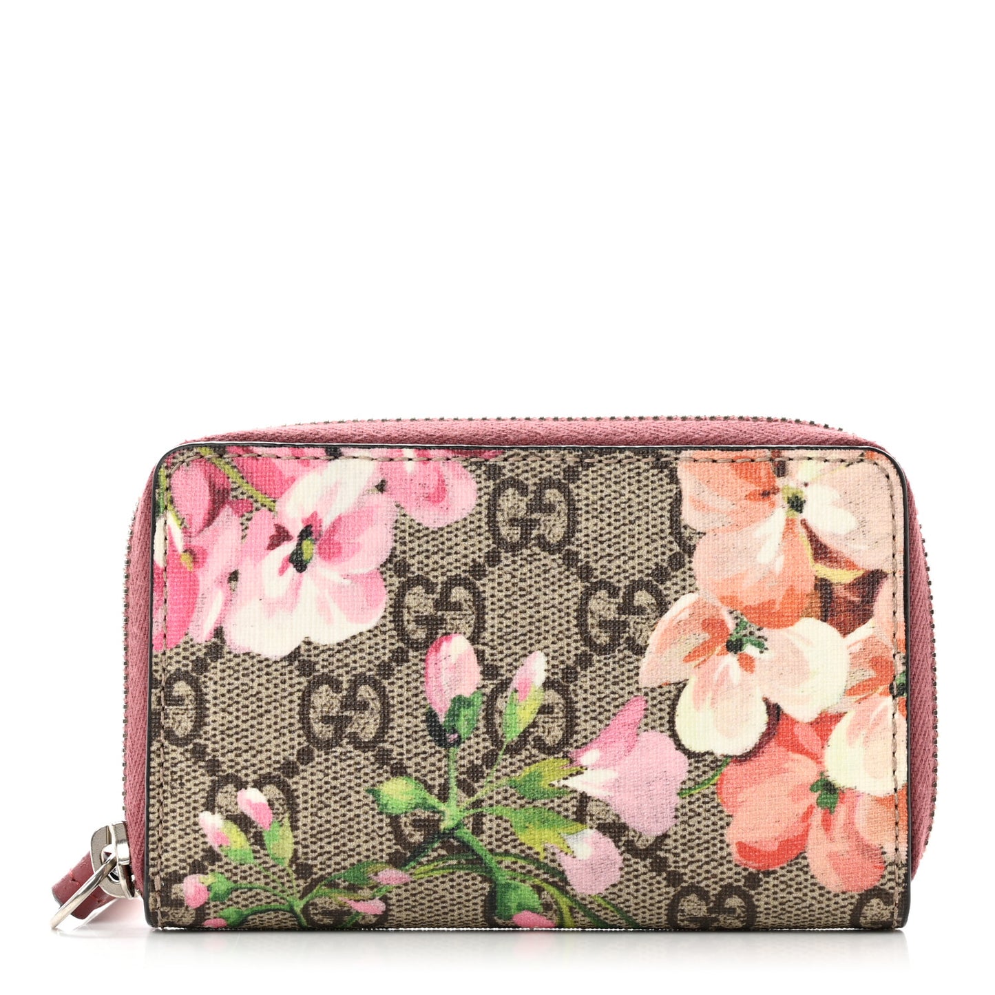 GG Supreme Monogram Blooms Zip Around Card Case Wallet Beige Multicolor Dry Rose