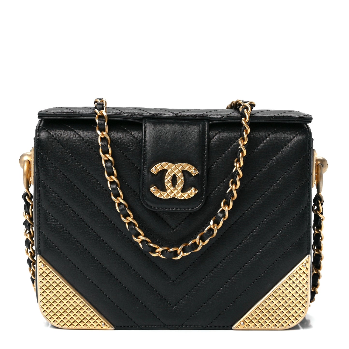 Calfskin Chevron Quilted Rock The Corner Minaudiere Bag Black