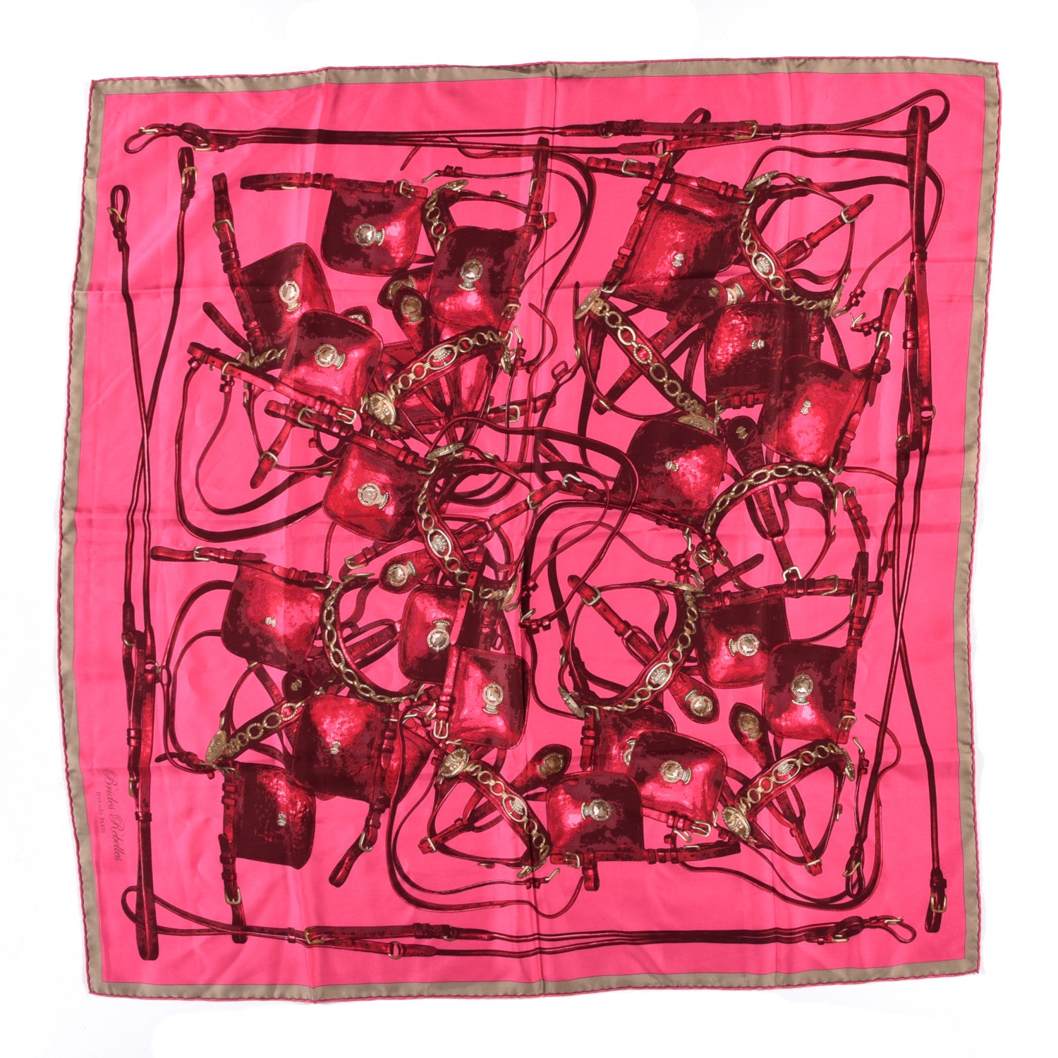 Hermes Silk Brides Rebelles Scarf 90 Rose Vif Prune Beige Dore 1 of 3