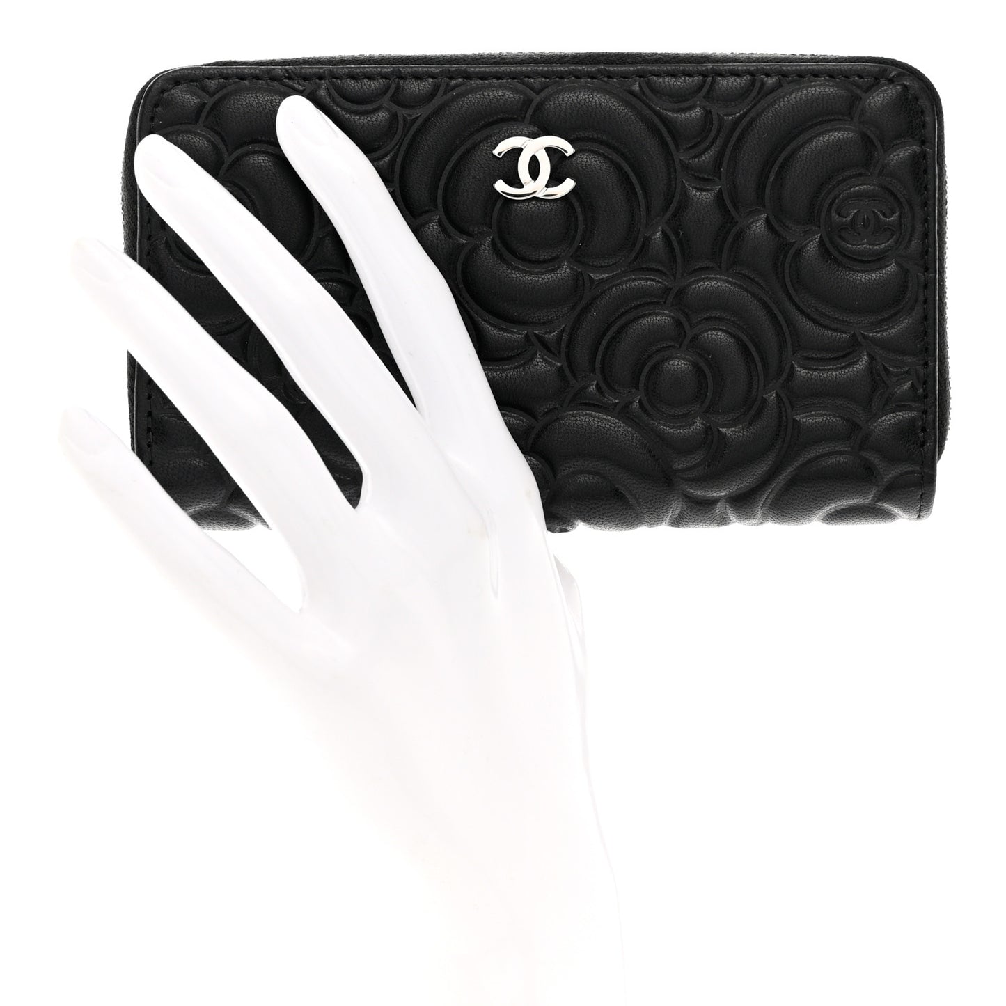 Goatskin Camellia Embossed Medium Zip Around Wallet Black