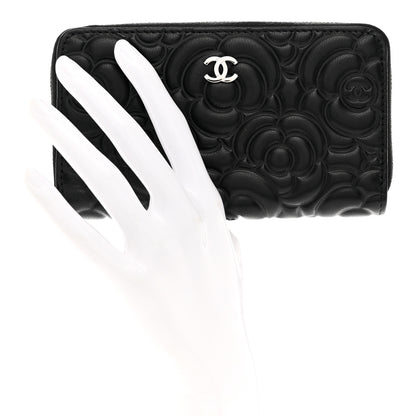 Chanel Goatskin Camellia Embossed Medium Zip Around Wallet Black 2 of 9