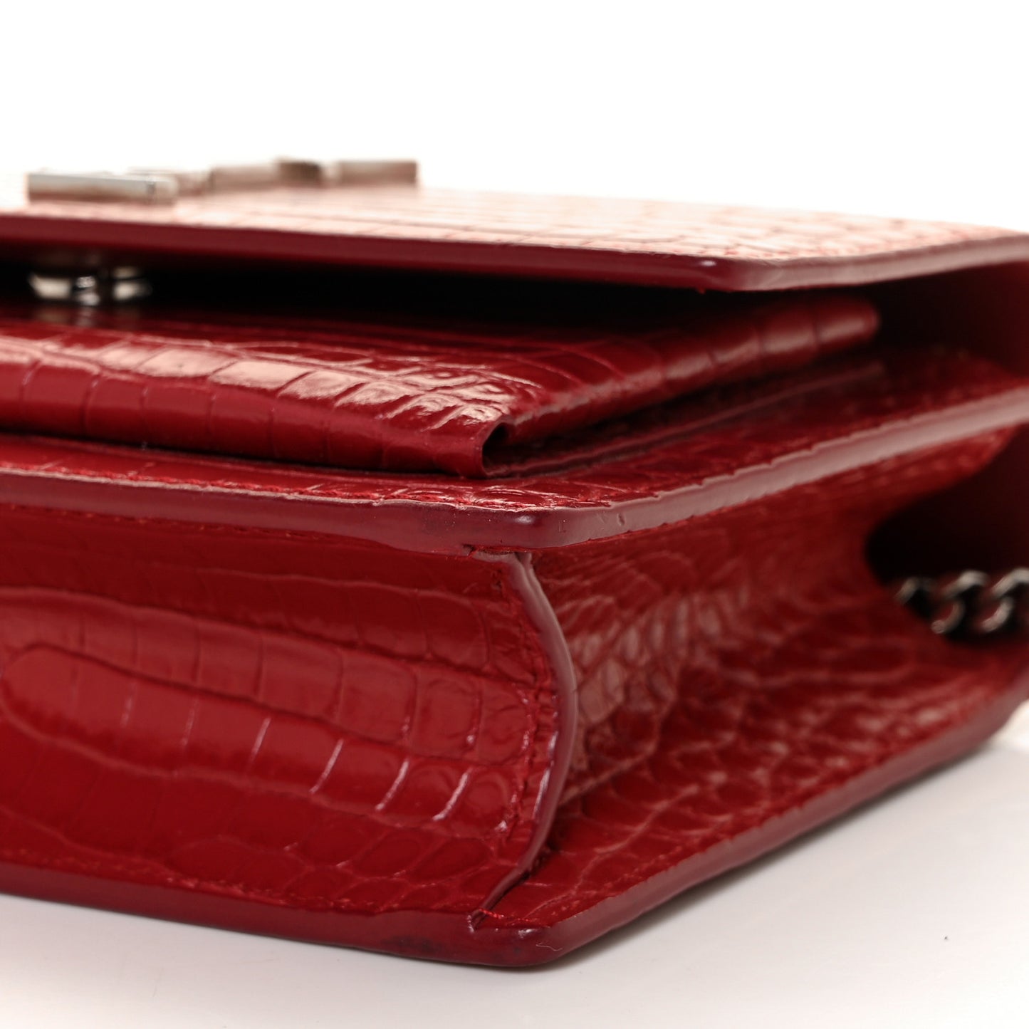 Calfskin Crocodile Embossed Monogram Sunset Chain Wallet New Lipstick Red