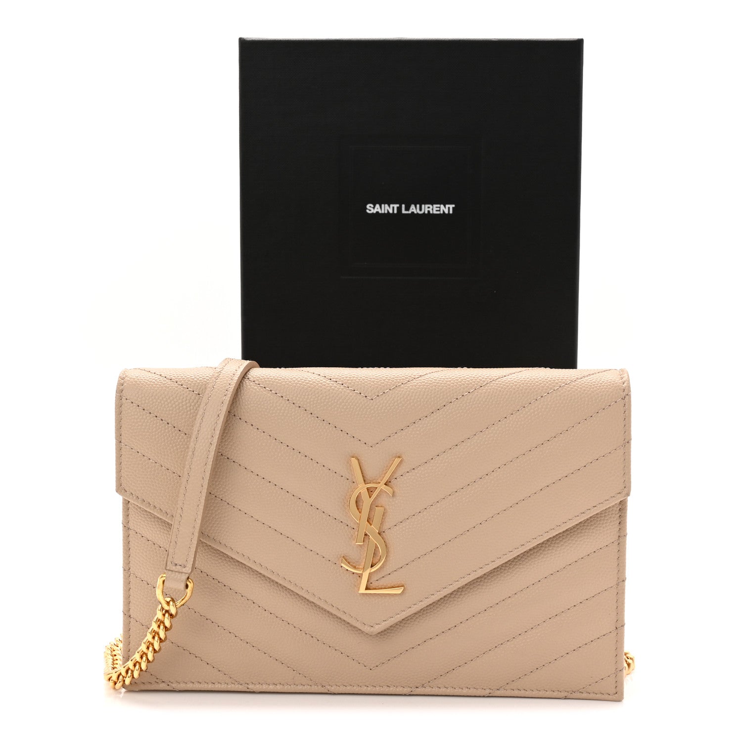 Saint Laurent Grain De Poudre Matelasse Chevron Monogram Envelope Chain Wallet Nude Powder 12 of 12