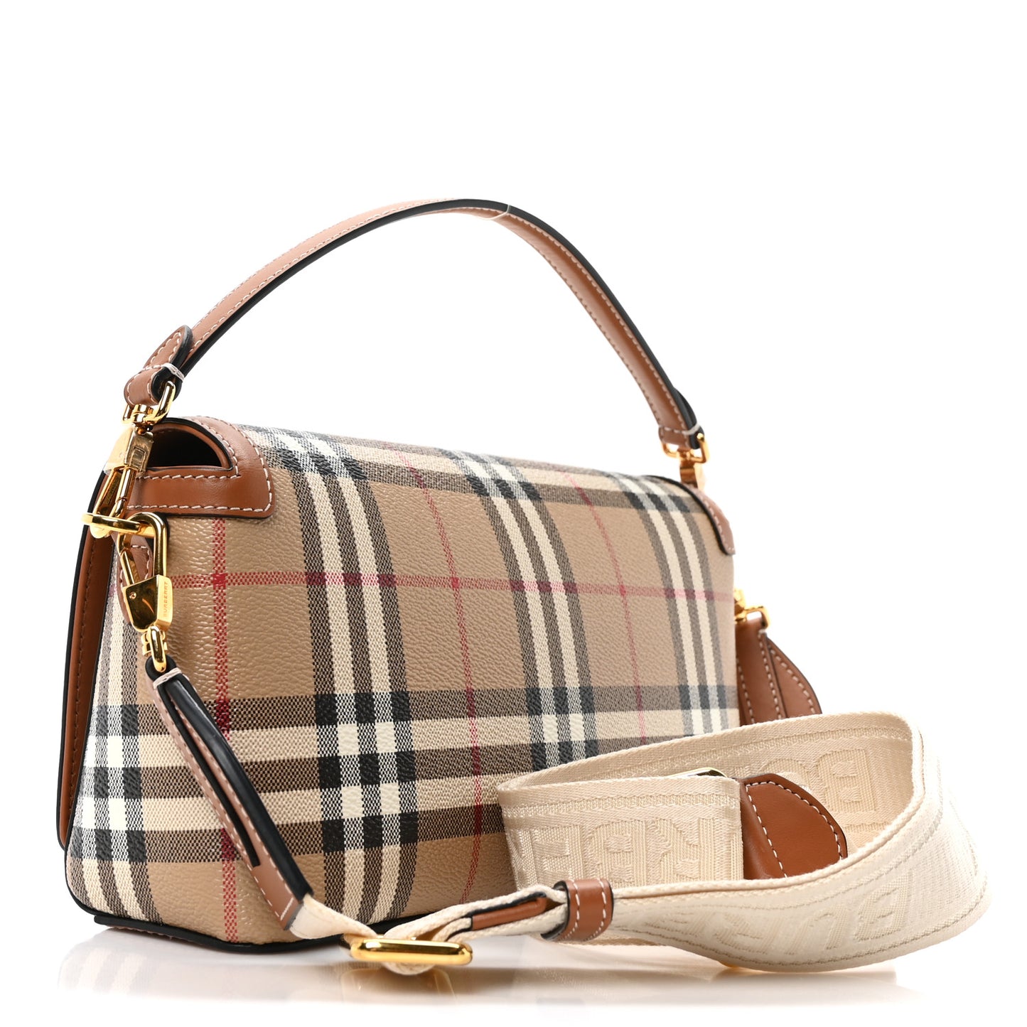 Coated Canvas Calfskin Vintage Check Medium Note Crossbody Bag Brown