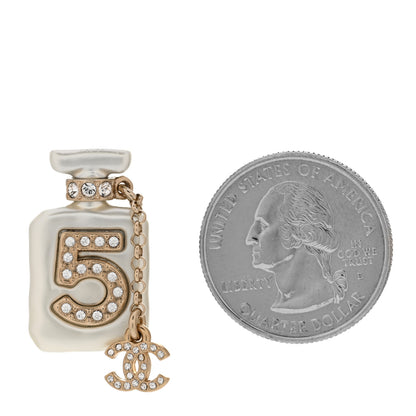 Chanel Pearl Resin Crystal CC No 5 Perfume Bottle Brooch Gold Pearly 2 of 5