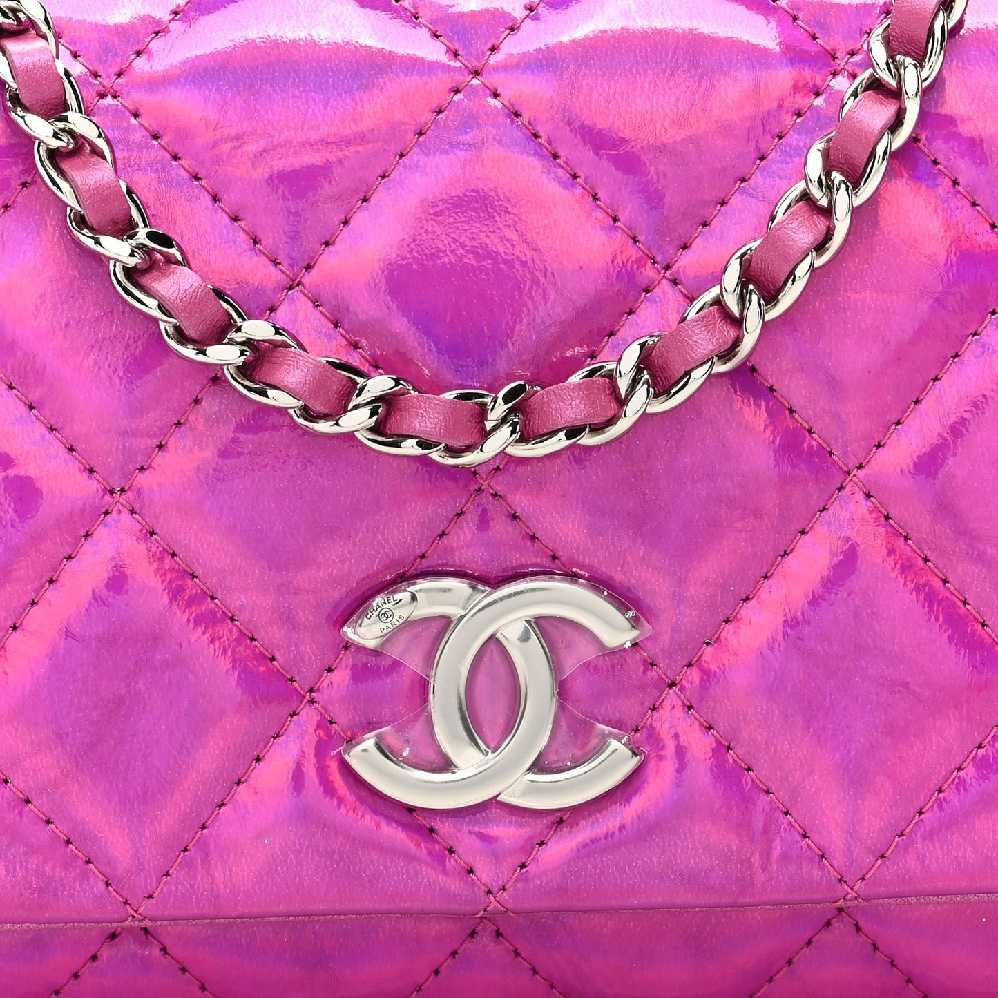 Iridescent Mirror Goatskin Quilted Clutch With Chain Pink