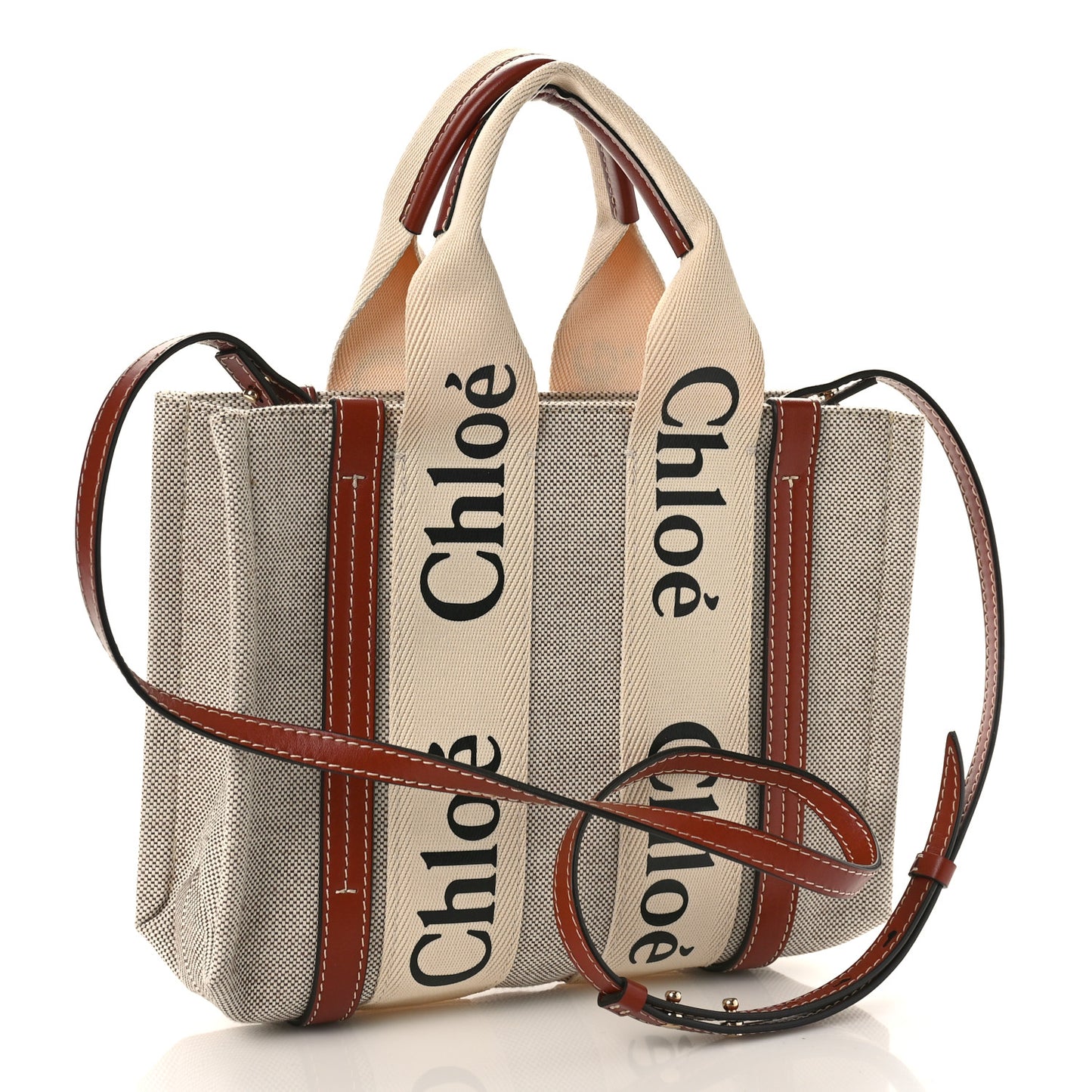 Cotton Calfskin Small Woody Ribbon Tote With Strap White Brown