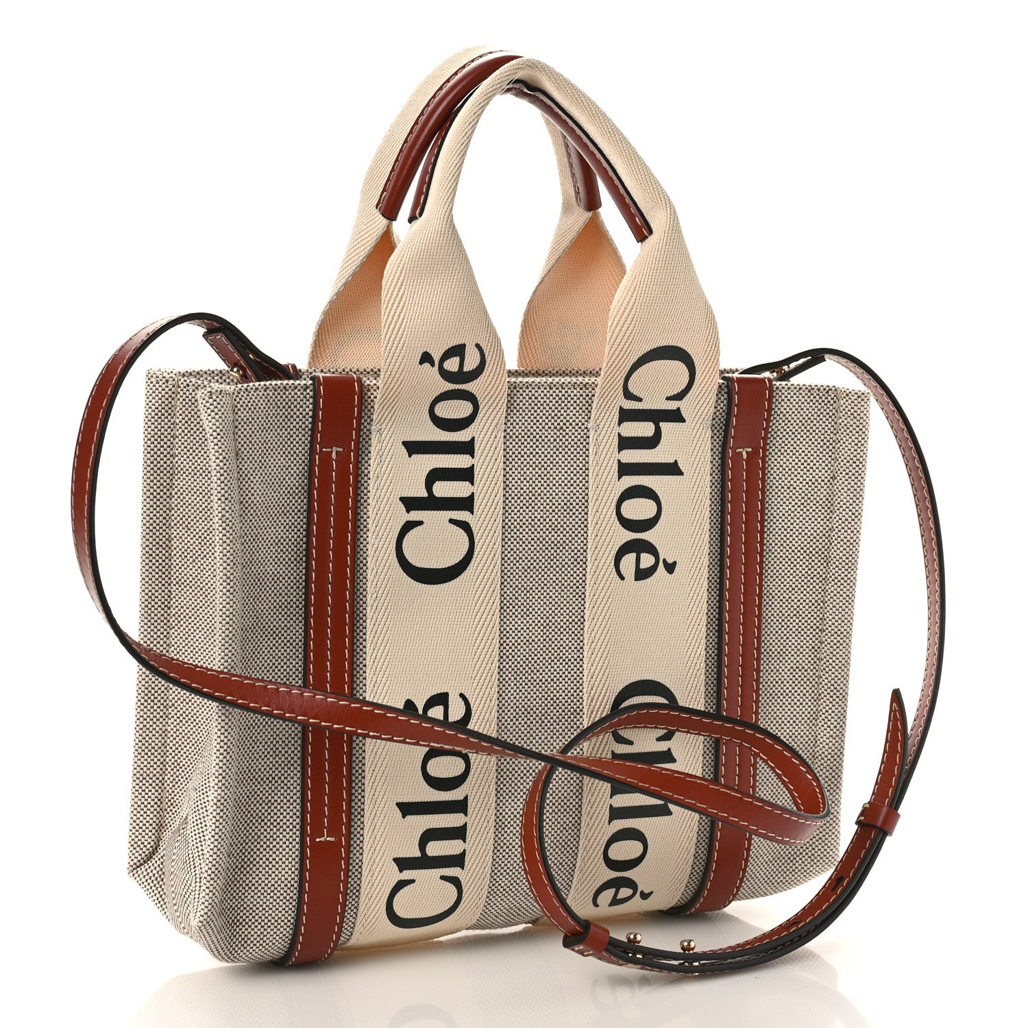 Chloe Cotton Calfskin Small Woody Ribbon Tote With Strap White Brown 3 of 8