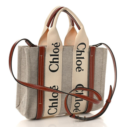 Chloe Cotton Calfskin Small Woody Ribbon Tote With Strap White Brown 3 of 8
