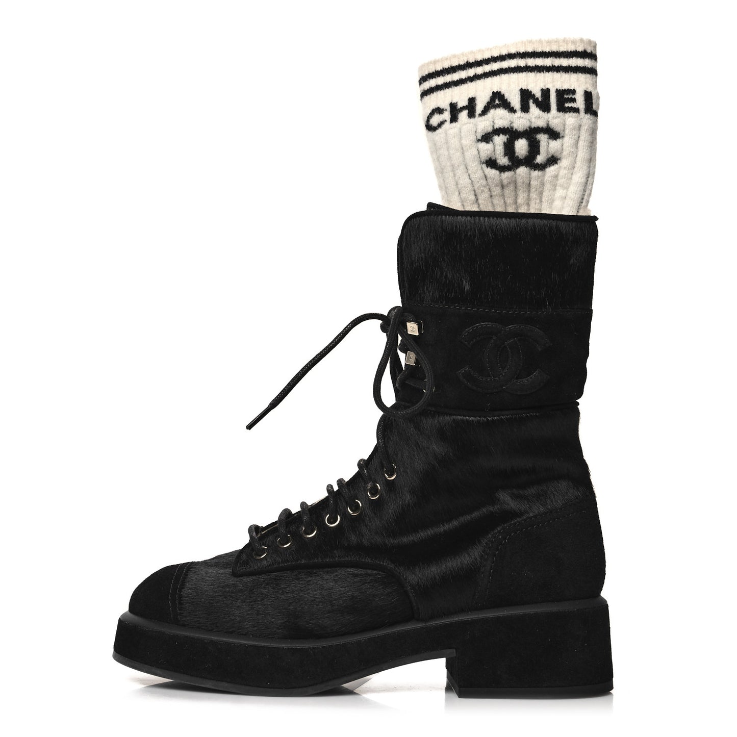 Suede Pony Hair Shearling Lace Up Combat Boots 38 Black White