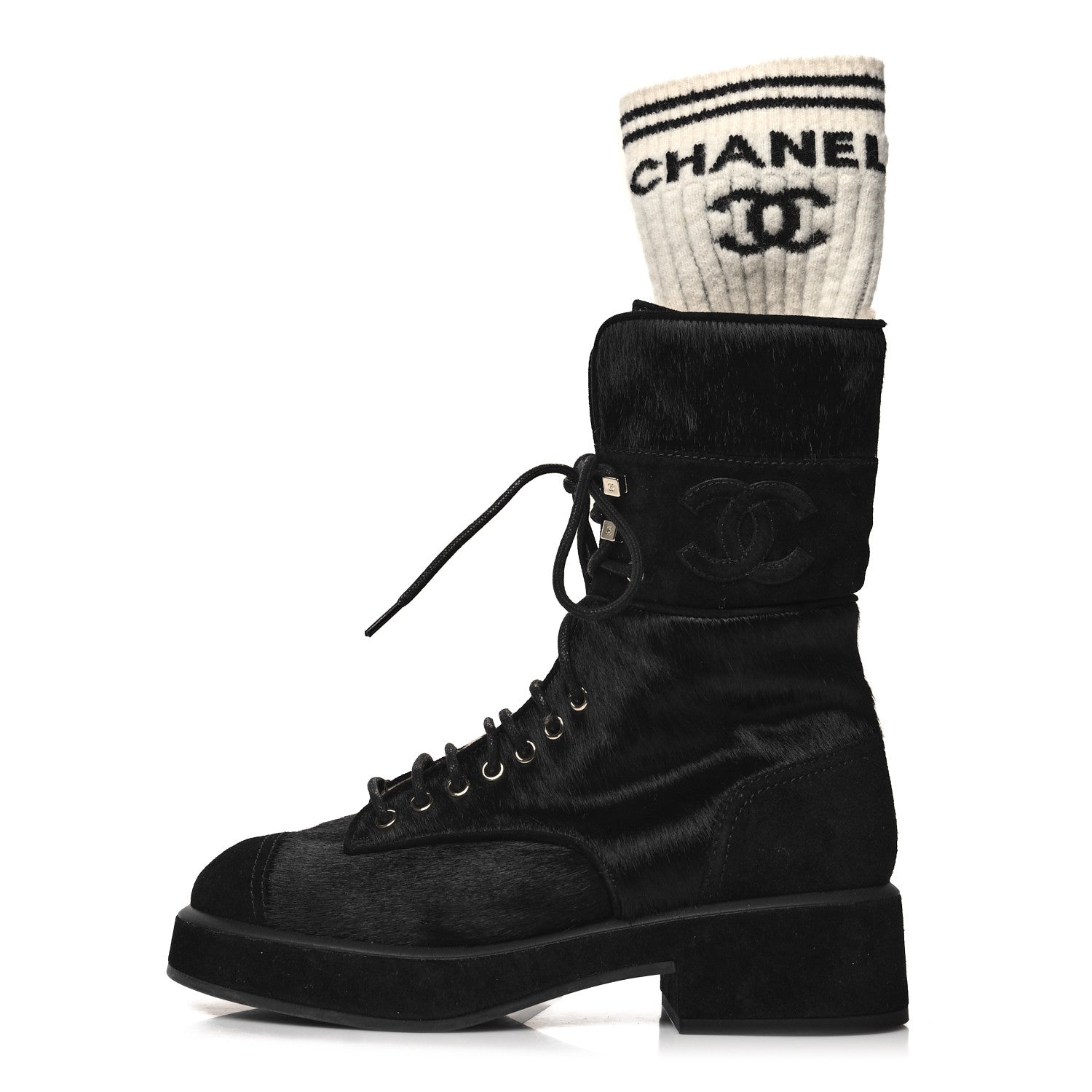 Chanel Suede Pony Hair Shearling Lace Up Combat Boots 38 Black White 2 of 11