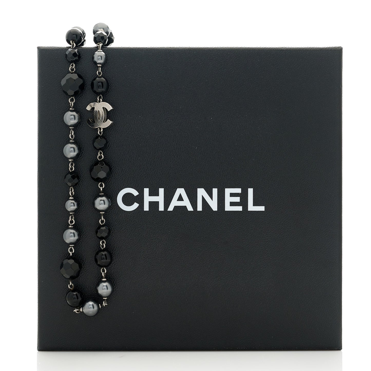 Ruthenium Pearl Beaded CC Long Necklace Black