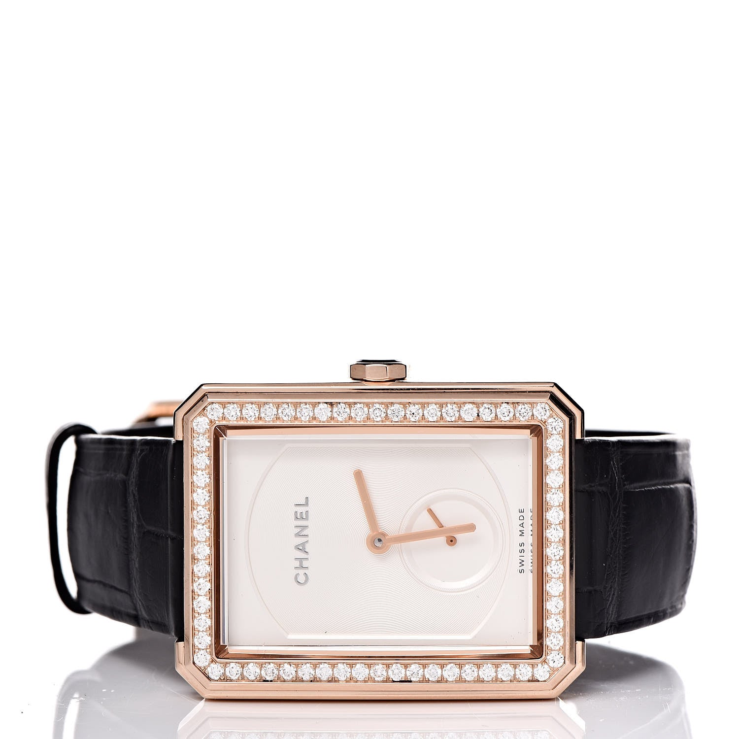 Chanel 18K Beige Gold Alligator Diamond Bezel 29mm Boy-Friend Manual Winding Watch Black 3 of 10
