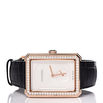 Chanel 18K Beige Gold Alligator Diamond Bezel 29mm Boy-Friend Manual Winding Watch Black 3 of 10