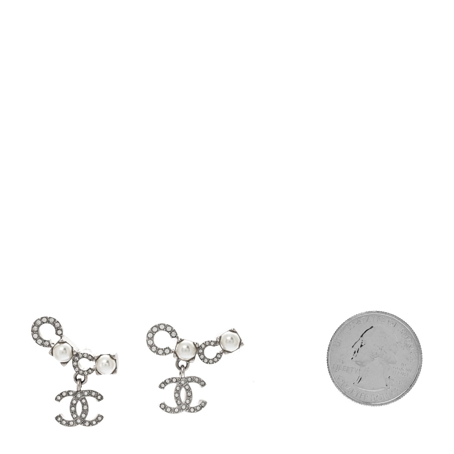 Metal Crystal Pearl Coco CC Earrings Silver