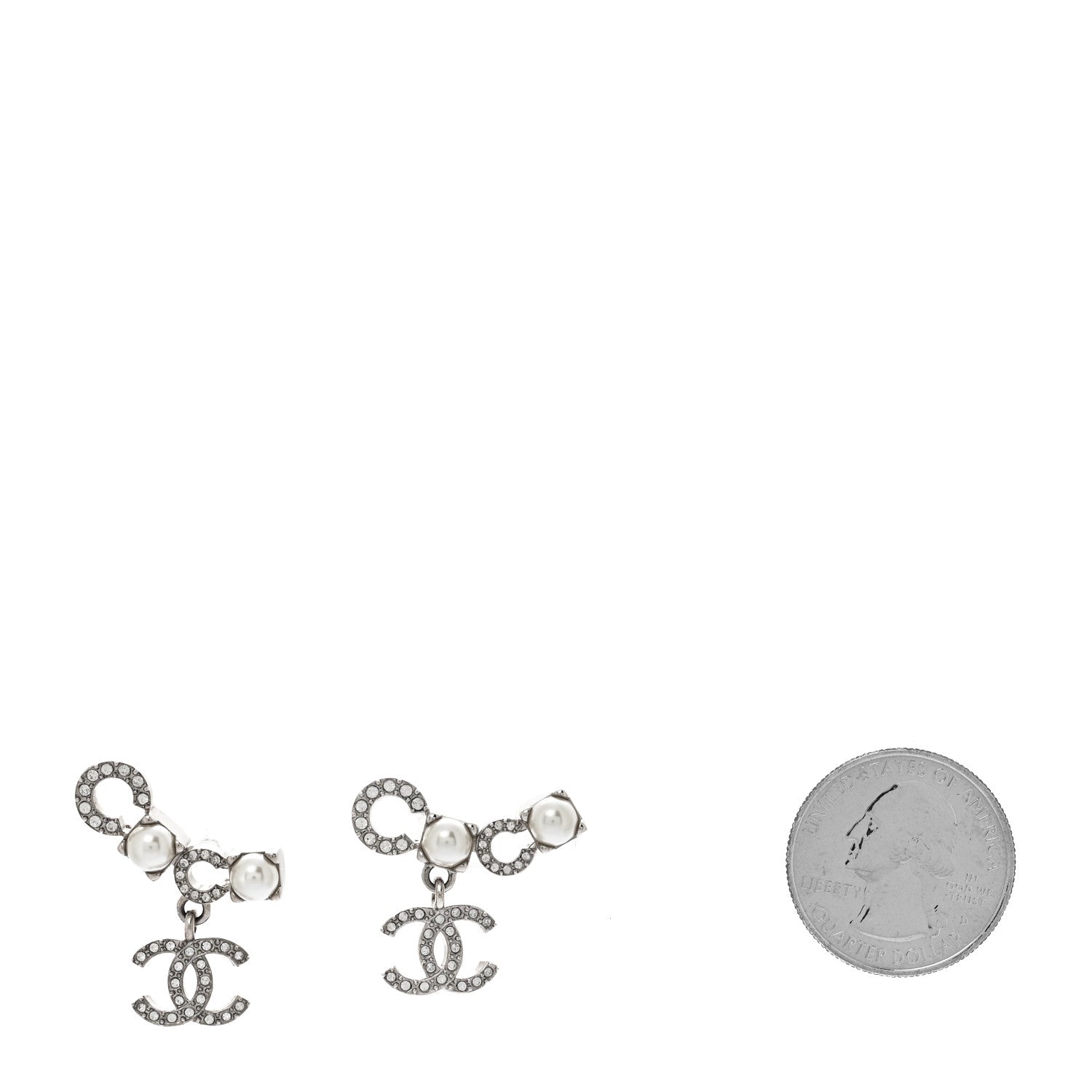 Chanel Metal Crystal Pearl Coco CC Earrings Silver 2 of 5