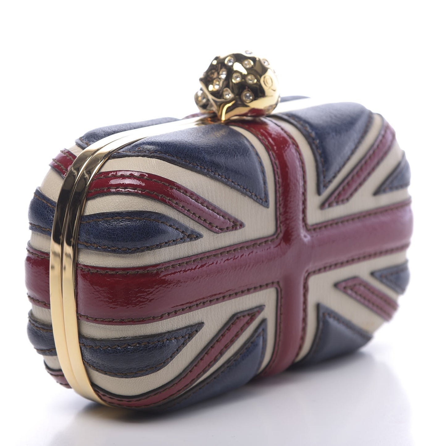 Patent Calfskin Britannia Skull Box Clutch Red Blue