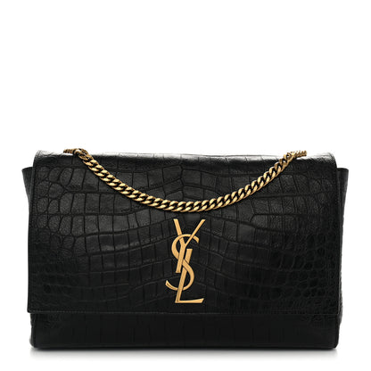 Saint Laurent Calfskin Crocodile Embossed Suede Medium Reversible Monogram Kate Satchel Military Taupe 1 of 10