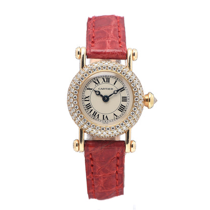 Cartier 18K Yellow Gold Alligator Diamond Bezel 20mm Diabolo Quartz Watch Red 1 of 10