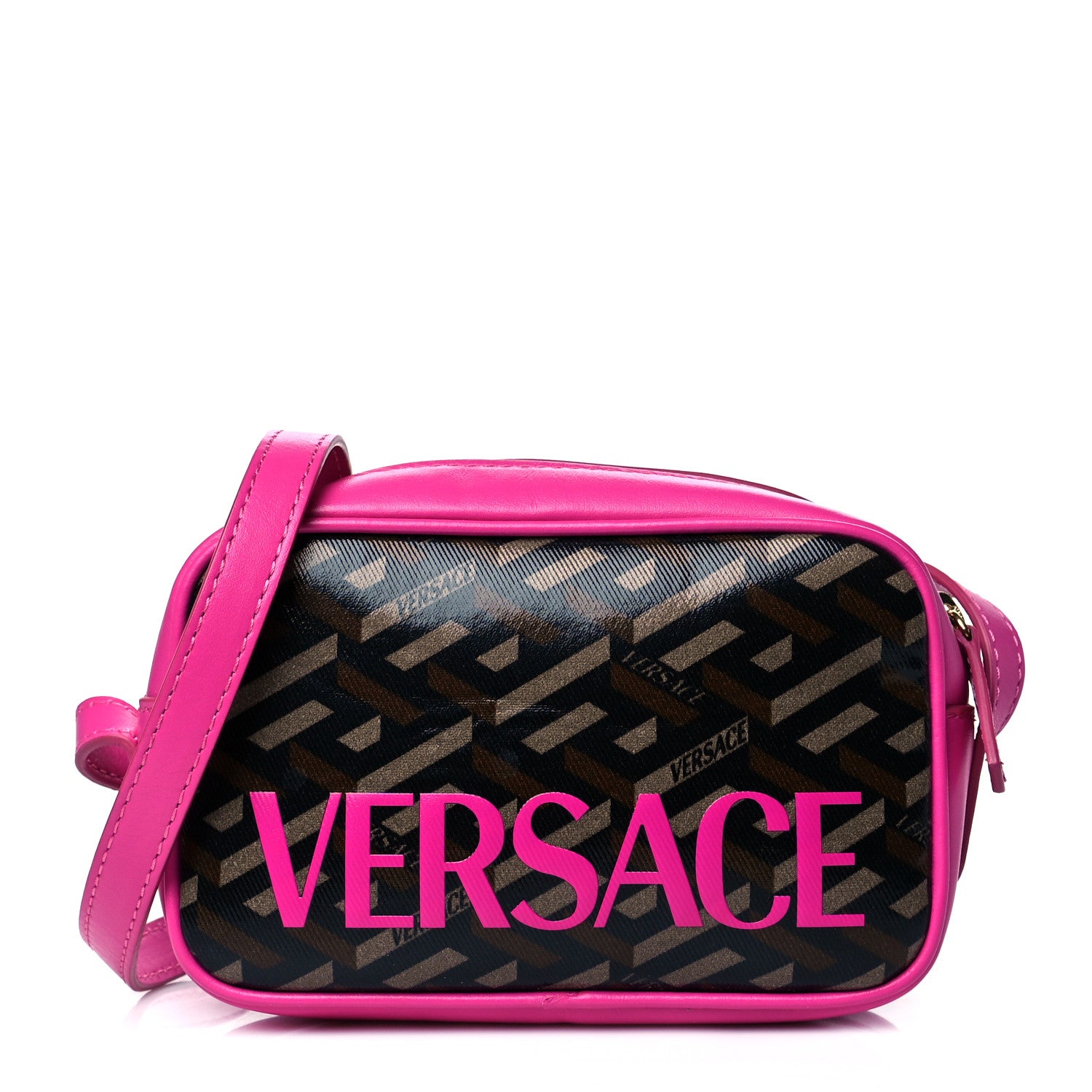 Versace Coated Canvas Calfskin La Greca Emoji Crossbody Shoulder Bag Black Camel Deep Fuxia 1 of 10