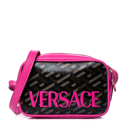 Versace Coated Canvas Calfskin La Greca Emoji Crossbody Shoulder Bag Black Camel Deep Fuxia 1 of 10