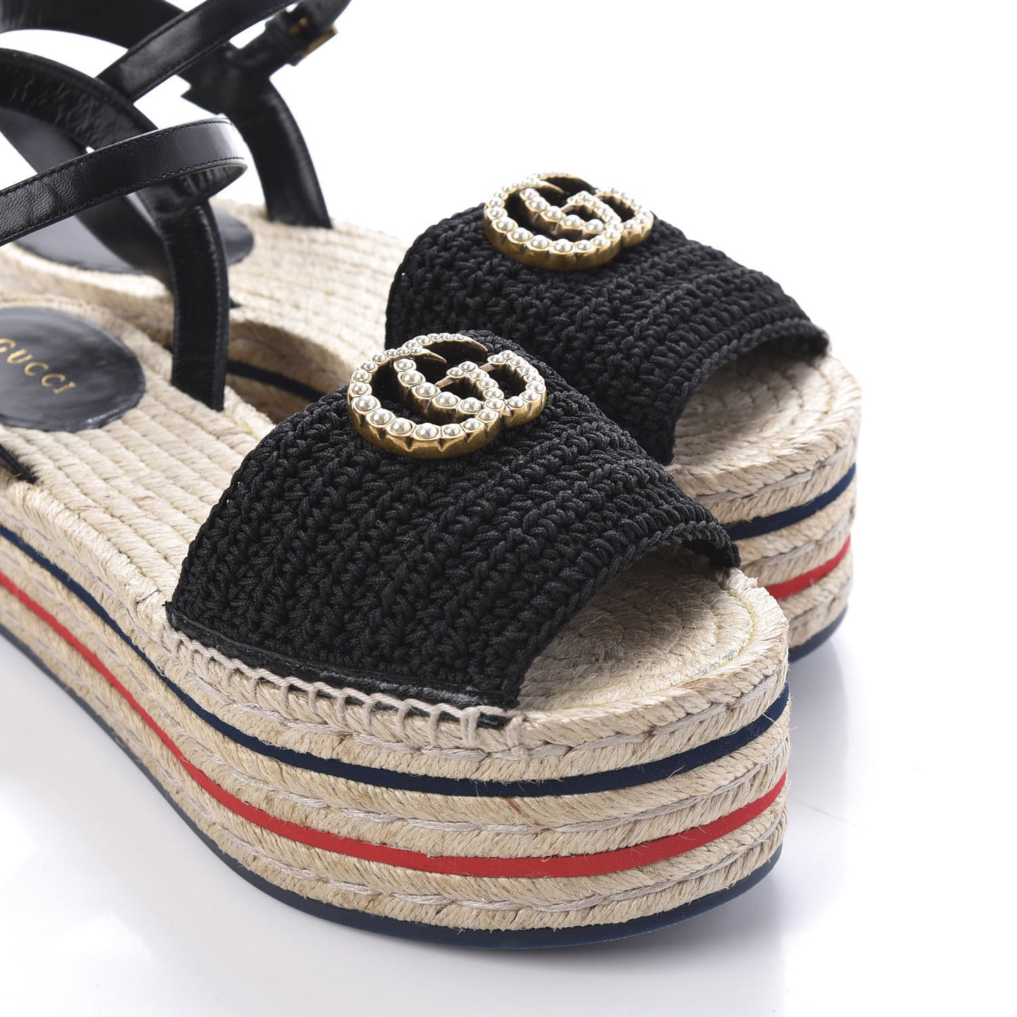 Cotton Malaga Kid Crochet Pearly GG Lilibeth Espadrille Platform Sandals 38.5 Black