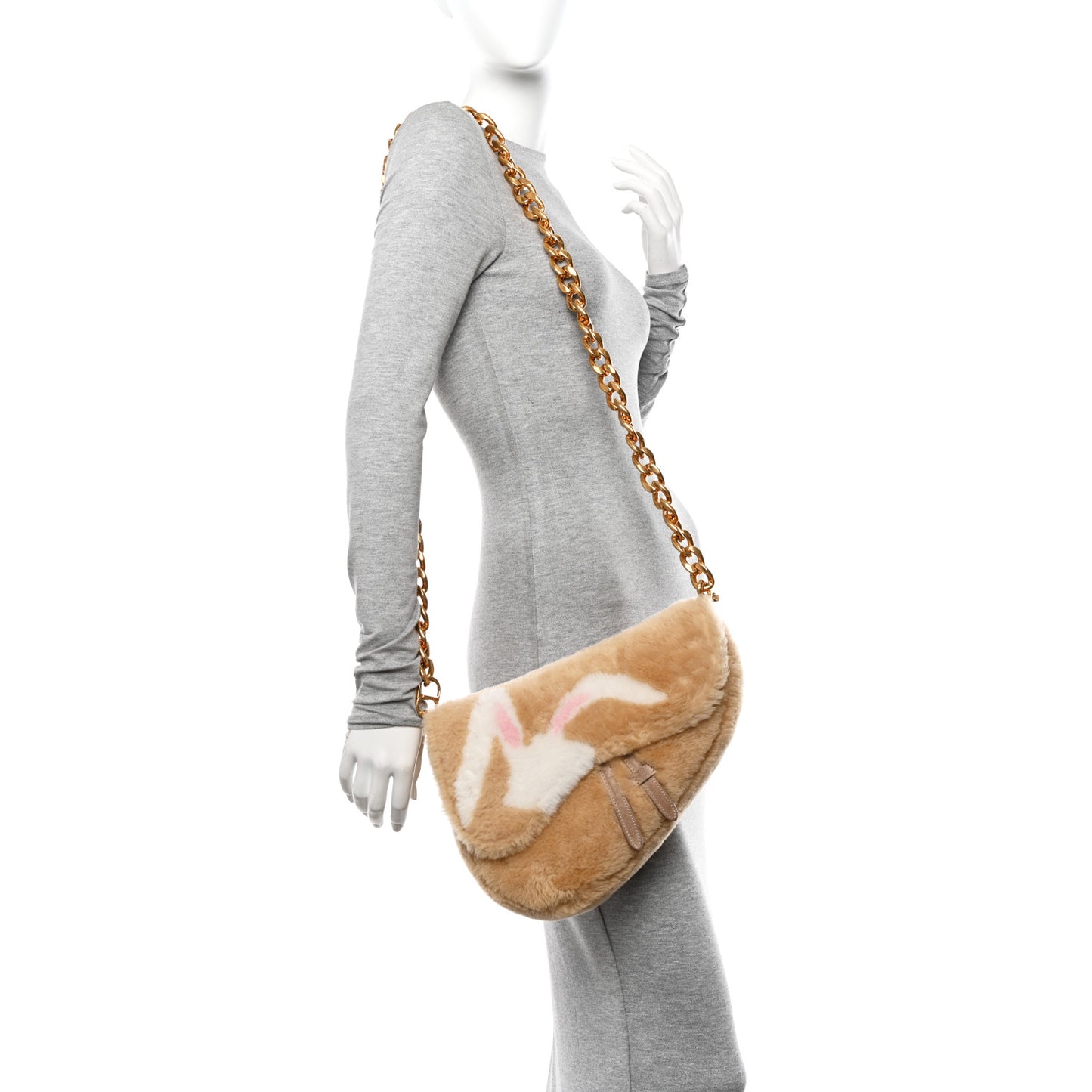 X ERL VENICE Shearling Chinese New Year Rabbit Saddle Bag Beige Multicolor
